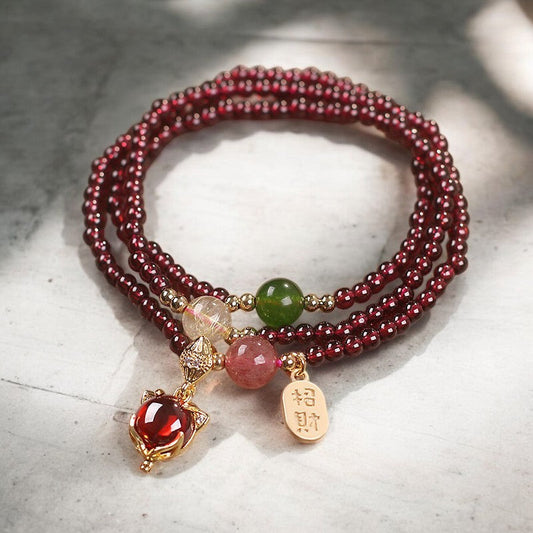 Natural Garnet Strawberry Quartz Crystal Fox Triple Wrap Bracelet