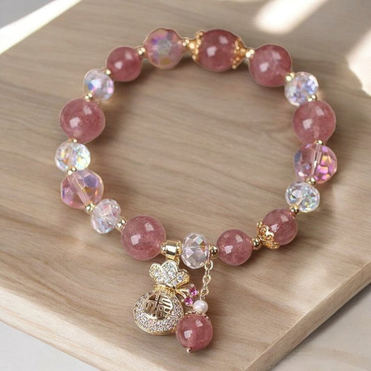 Natural Strawberry Quartz Crystal Charm Bracelet