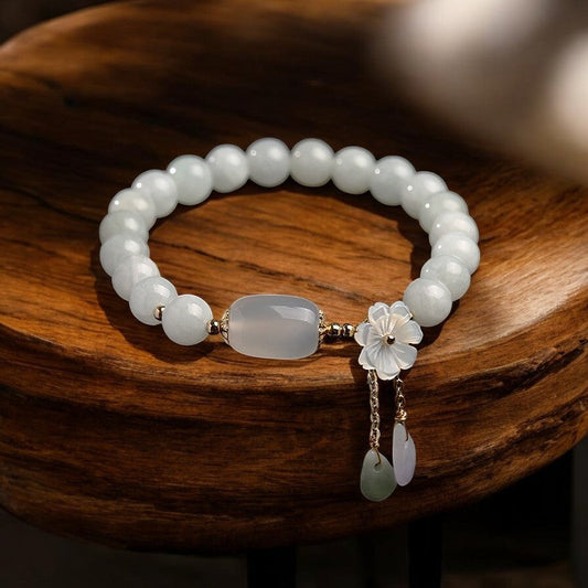 Natural White Jade Flower Pendant Luck Bracelet