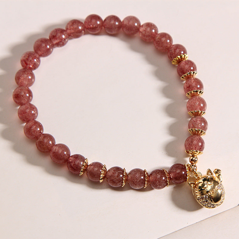 Gato de la Suerte • Pulsera de Cristal de Fresa