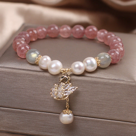 White Swan Strawberry Crystal Moonstone Bracelet