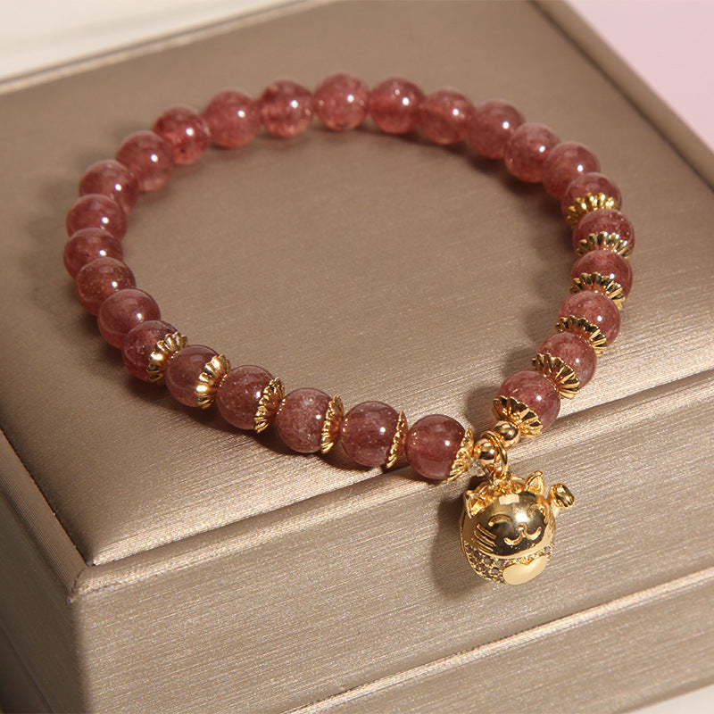 Gato de la Suerte • Pulsera de Cristal de Fresa