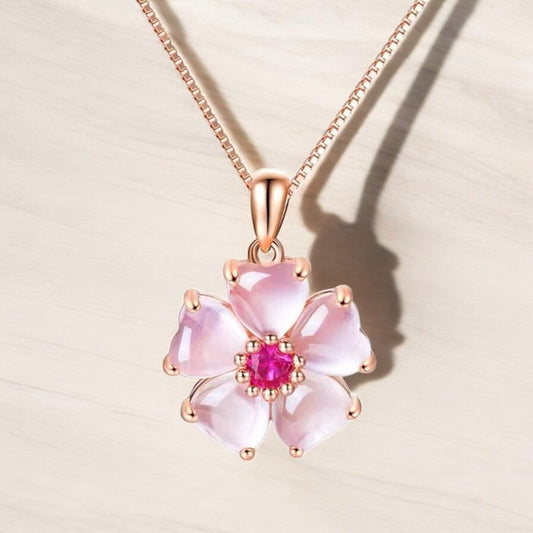 Rose Quartz Hibiscus Flower Pendant