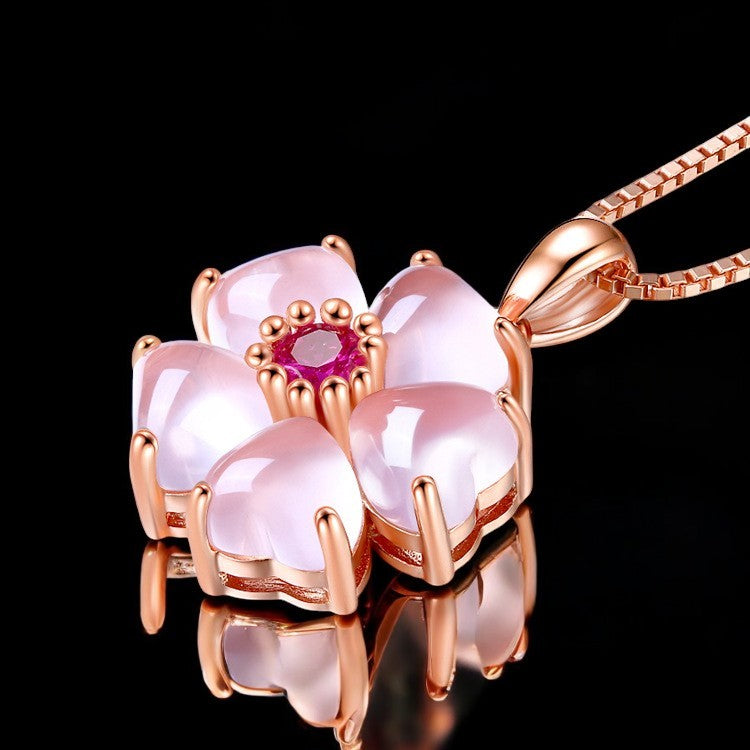Rose Quartz Hibiscus Flower Pendant