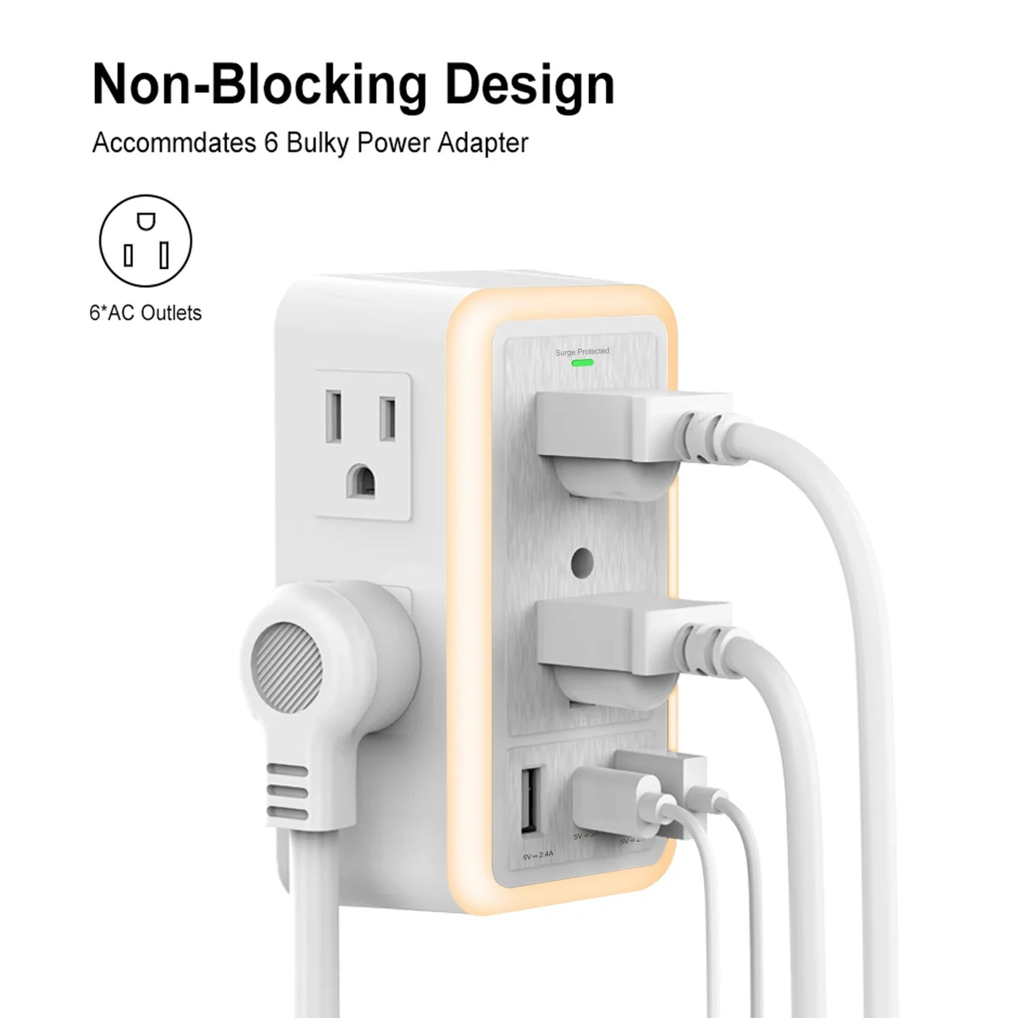BreezeVell Multi-Outlet Power Strip with Light-Sensitive Night Light