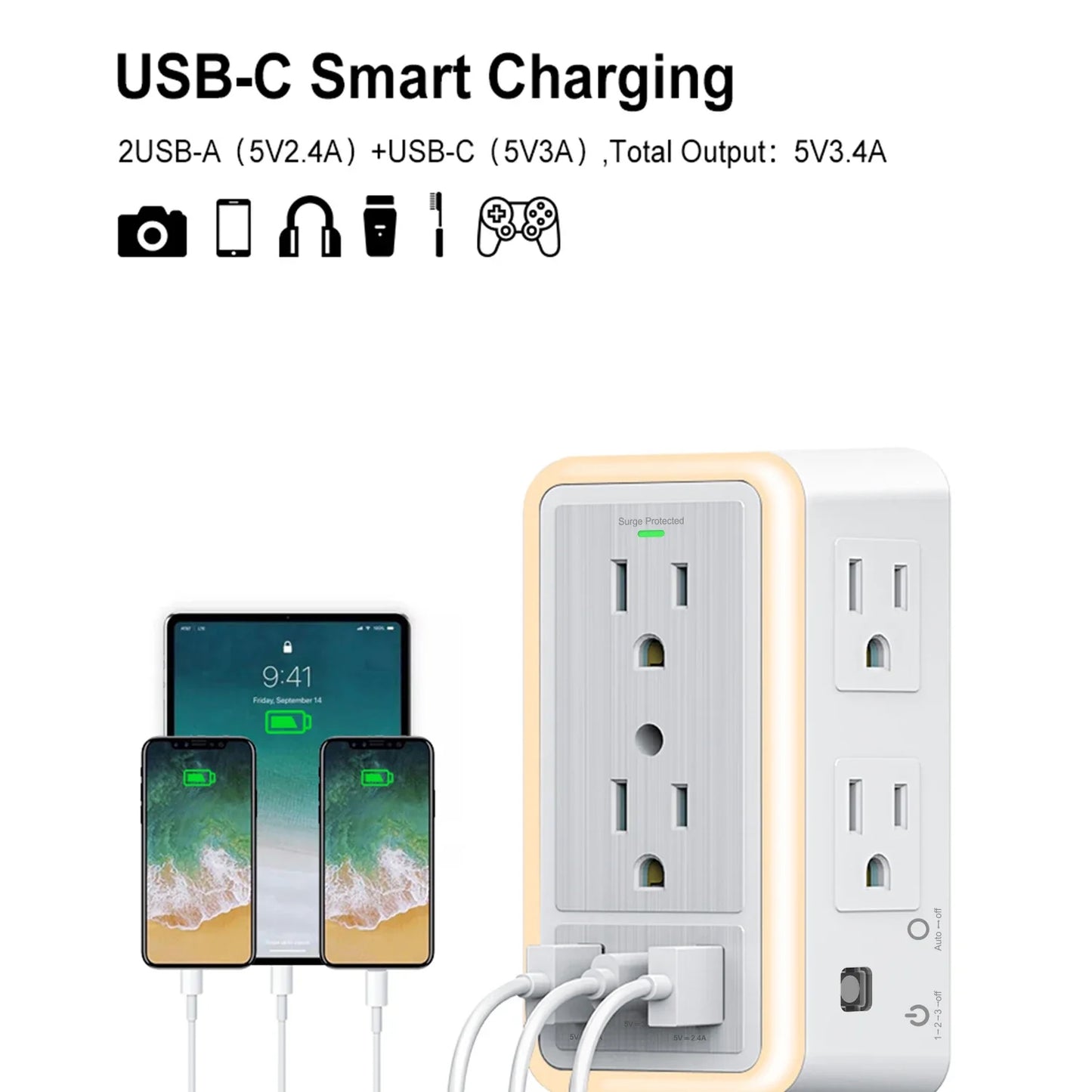 BreezeVell Multi-Outlet Power Strip with Light-Sensitive Night Light