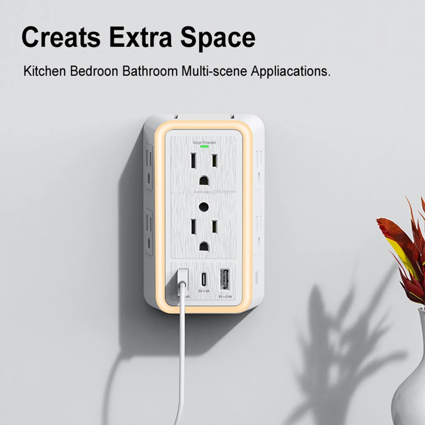 BreezeVell Multi-Outlet Power Strip with Light-Sensitive Night Light