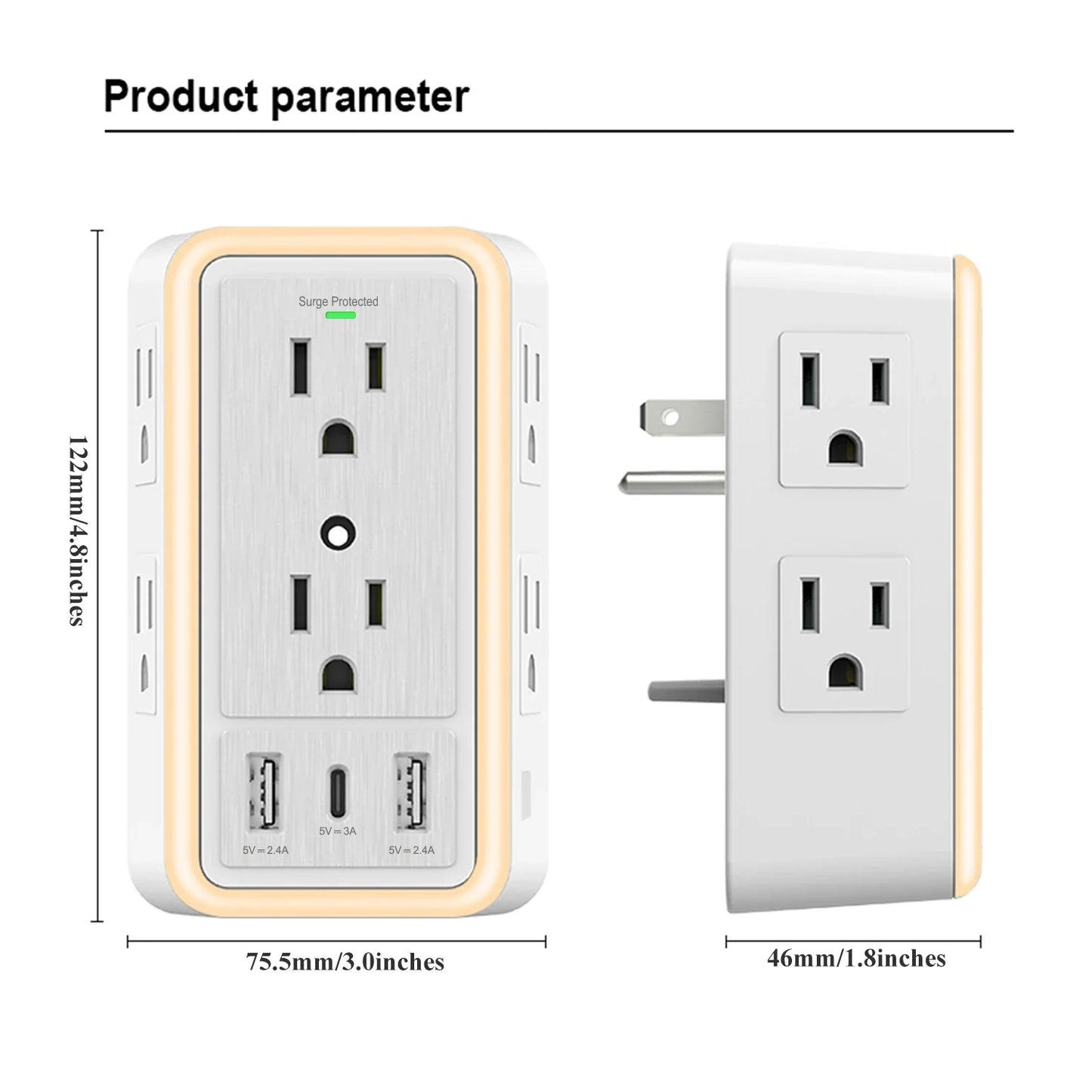BreezeVell Multi-Outlet Power Strip with Light-Sensitive Night Light