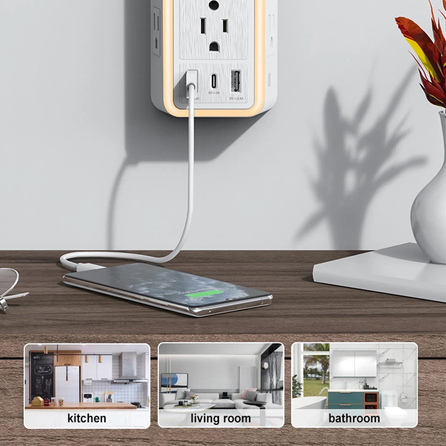 BreezeVell Multi-Outlet Power Strip with Light-Sensitive Night Light