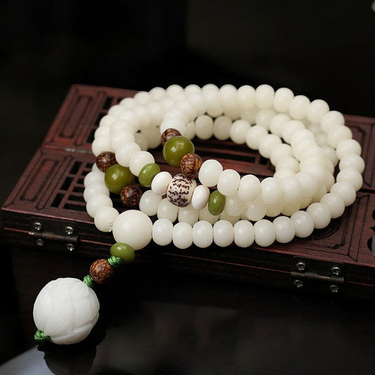 White Jade Bodhi Lotus Mala Necklace Bracelet